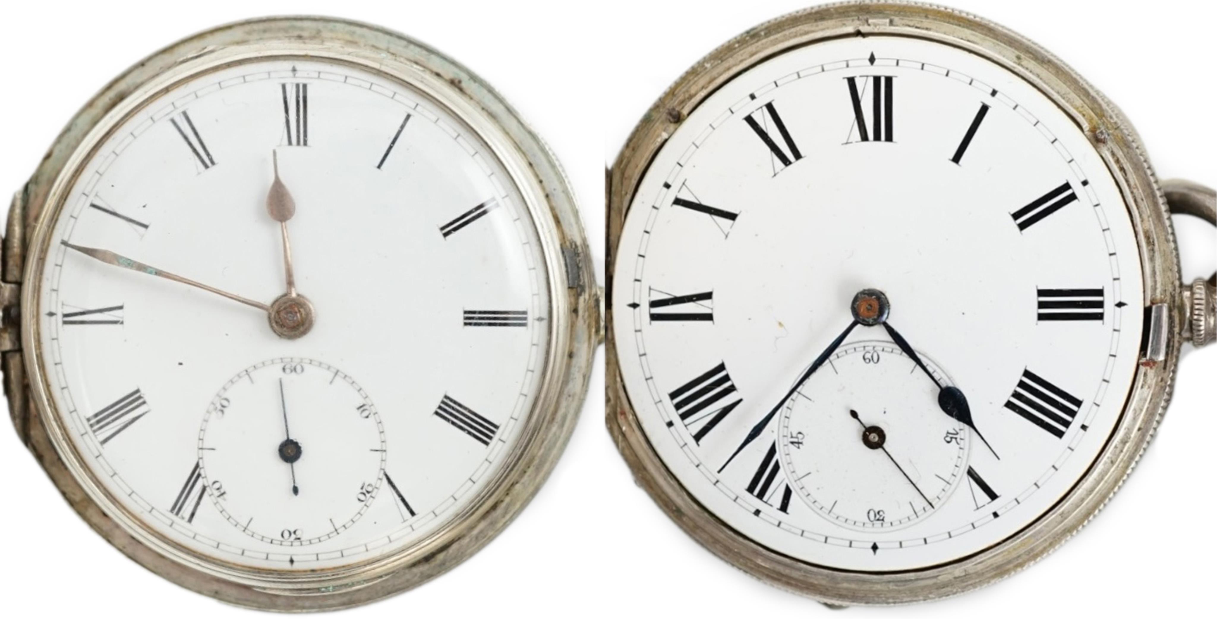 A Victorian silver hunter keywind pocket watch and an engine turned white metal pocket watch.